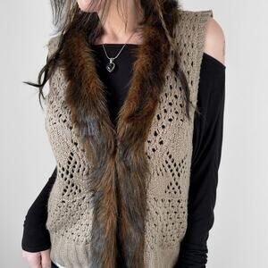 brown boho gyaru knit faux fur vest